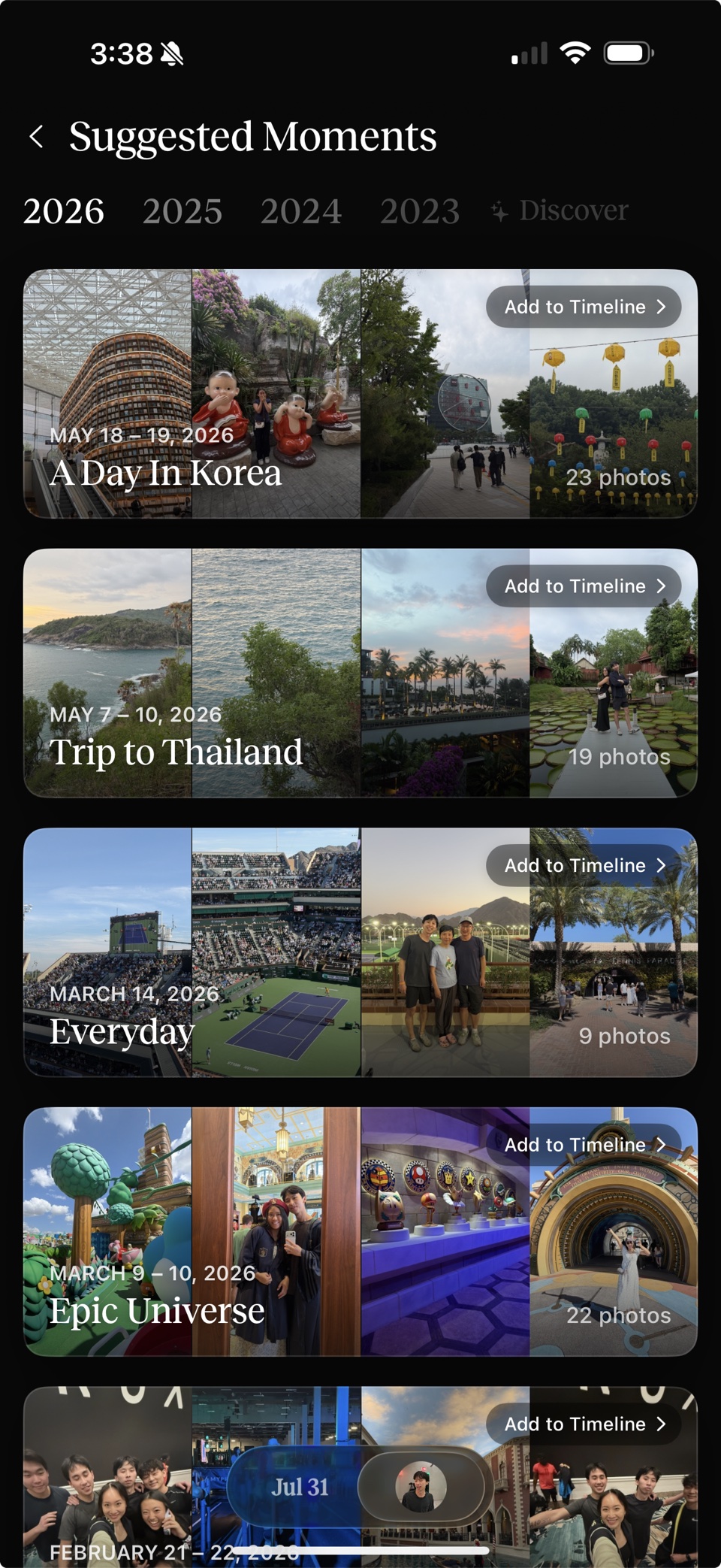 Suggested Moments — trips and days detected in the photo library, each with an Add to Timeline button